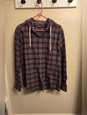 Solaris Blue and Brown Plaid Button-Down Shirt With Hoodie.